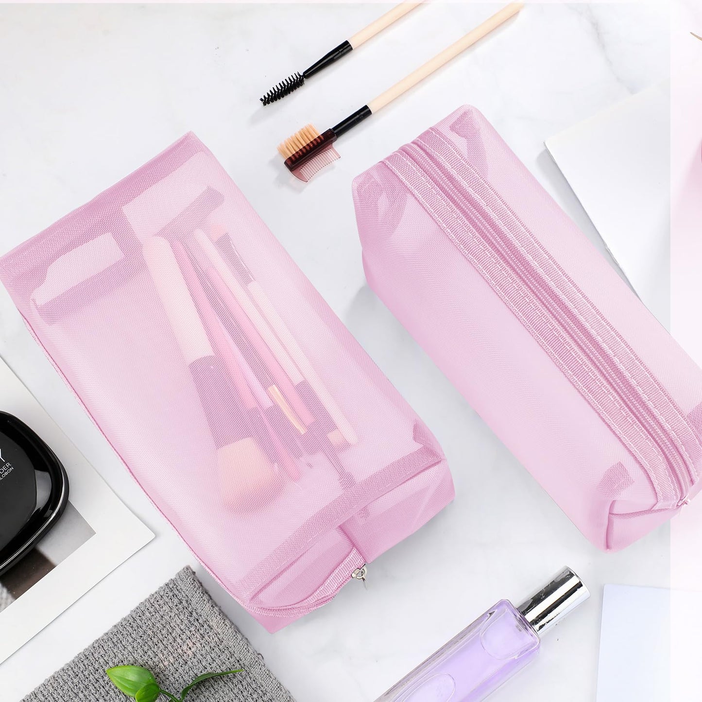 Boao 6 Pieces Mesh Makeup Bags Mesh Cosmetic Bag Portable Travel Organizing Zipper Pouch Toiletries Makeup Pouches for Home Office Travel Accessories (Green and Pink)