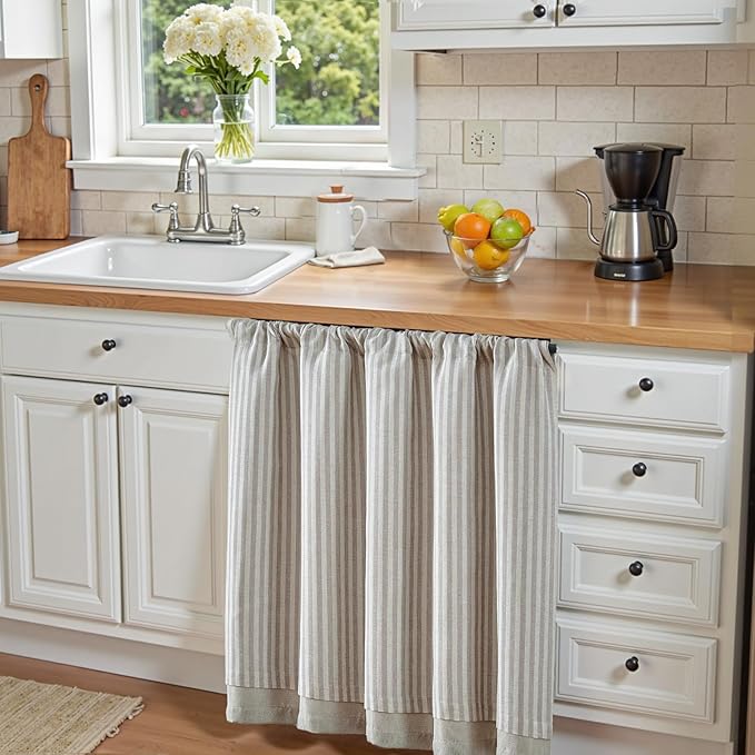 jinchan Double Layer Striped Linen Kitchen Tier Curtain Rustic Cafe for Living Room Bathroom Half Window Curtain Light Filtering Rod Pocket 1 Panel 24 Inch Taupe Grey