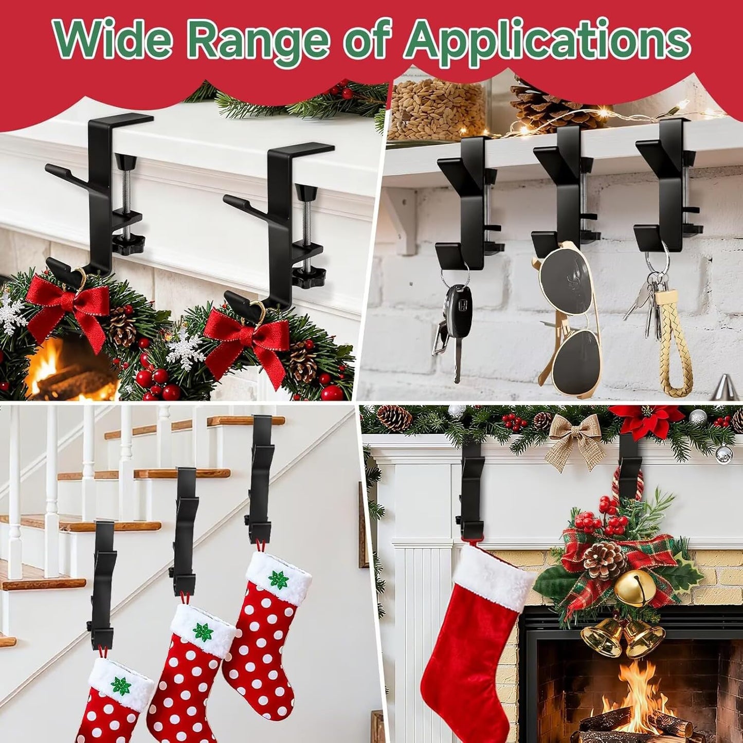 Guojanfon Garland and Stocking Mantel Holders with 2 Hooks, Mantel Hanger for Garland, 2 in 1 Mantel Garland and Stocking Hangers Heavy Duty, Fireplace Garland Hanger for Xmas Decoration (4Black)