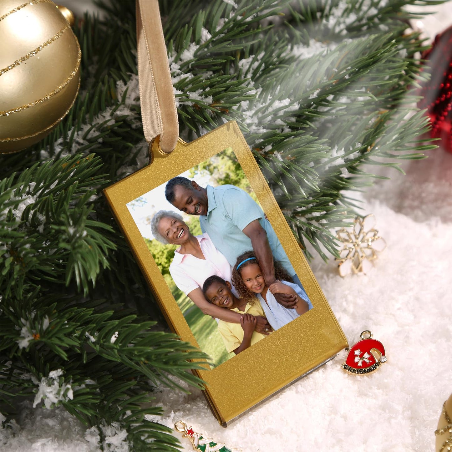 UNIQOOO 8 Set Christmas Instax Acrylic Picture Frames 8.6 * 5.4cm Fujifilm Polaroid Picture Ornaments, Blank Double-Sided Picture Frames for Polaroid Film, Hanging Photo Ornaments For Tree (Gold)