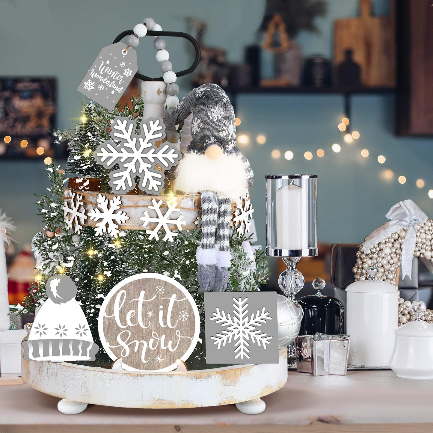 Soaoo 16 Pcs Winter Tiered Tray Decor Snowflake Rustic Gnome Plush Winter Tray Decor Wood Table Signs for Holiday Table Centerpieces Home Decorations(Silver Gray)