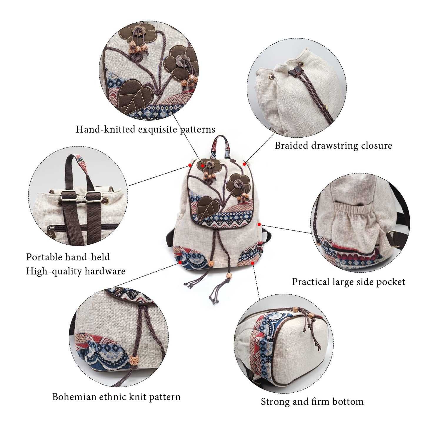 HUANGGUOSHU Backpack Purse For Women Casual Vintage Drawstring Back Pack Bohemian Travel Boho Hand-Held Flap Hand-Embroidered Backpack