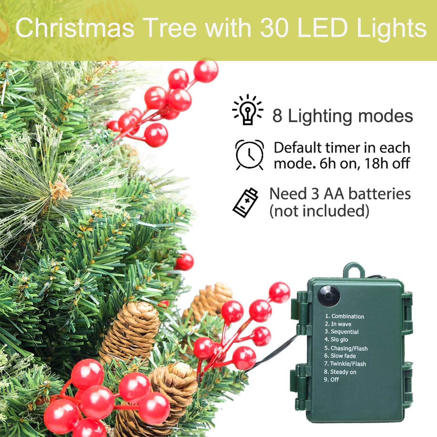 Christmas Tree 30 inch Prelit 2 Set Pathway Porch Christmas Trees Pre-Light LED Battery Operated Outdoor Xmas Decor for Entrance Driveway, Yard, Garden, Red Berries, Pine Cones