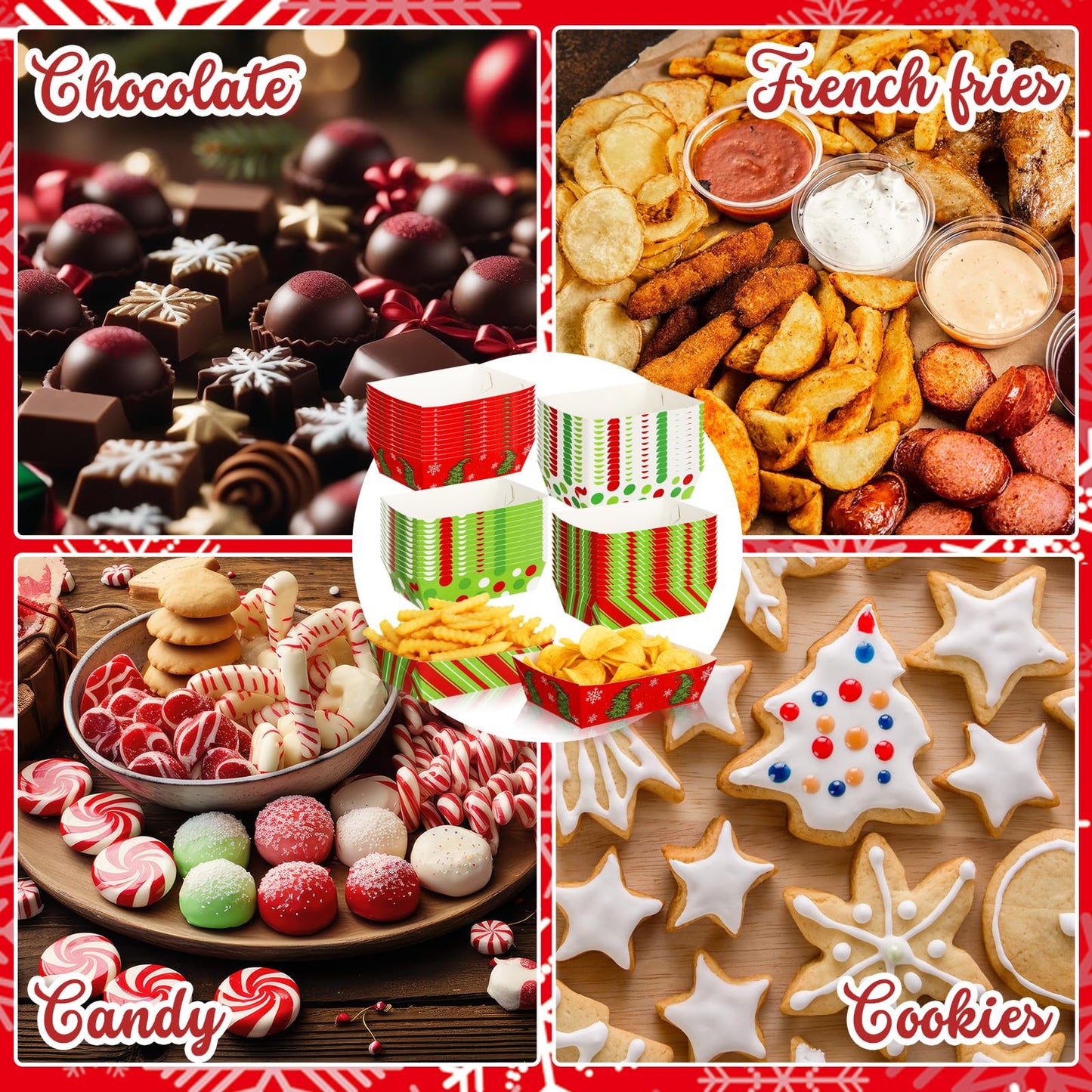 Dunzoom 24 Pcs Christmas Paper Food Trays Plates Disposable Christmas Movie Snack Trays Santa Elf Snowman Red Green Plates Nacho Hot Dog Serving Boat for Xmas Party Supplies Decoration (Style 2)