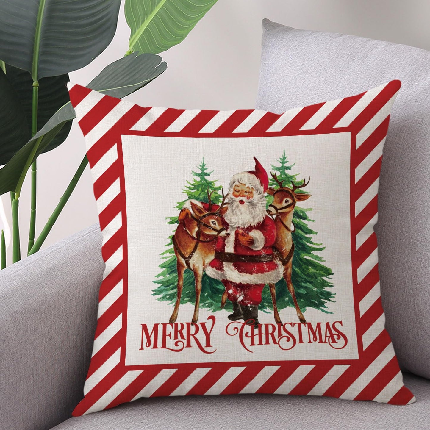 Coeufuedy Christmas Pillow Covers 18x18 Set of 4 Candy Canes Elk Santa Claus Sleigh Rides Winter Holiday Decoration Cushion Case for Sofa Couch Home Decor
