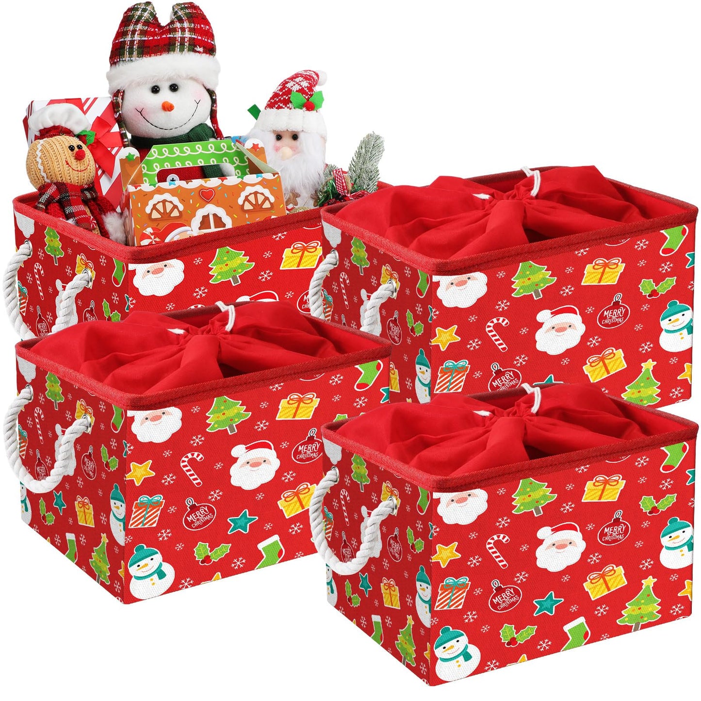 Acellegic 4 Pcs Large Christmas Storage Basket 15 x 10 x 9.5 Inch Foldable Christmas Storage Bins with Handles & Drawstring Lid Xmas Bins Cotton Laundry Organizer for Holiday Bedroom Home(Cheerful)