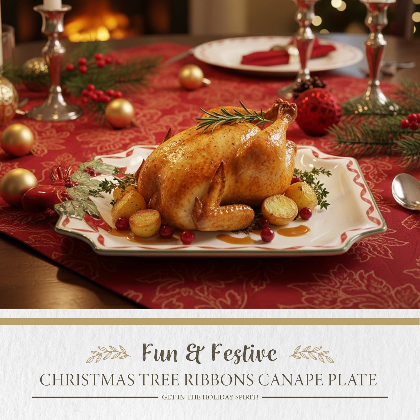Spode Christmas Tree Ribbons Canape Platter - 6.5-Inch Holiday Serving Plate for Desserts, Appetizers, and Treats - Festive Earthenware Christmas Dinnerware with Gold Accents - Dishwasher Safe
