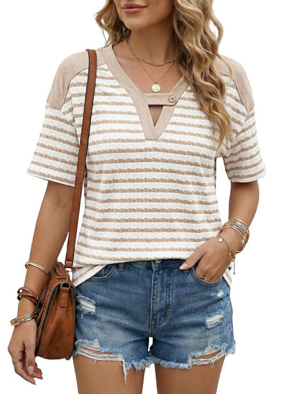 Dokotoo Tops for Women Trendy Summer Casual Short Sleeve Tshirt Shirts 2026 Fashion Womens Top Loose Fit Striped Color Block Blouses Spring T-Shirts Apricot XX-Large