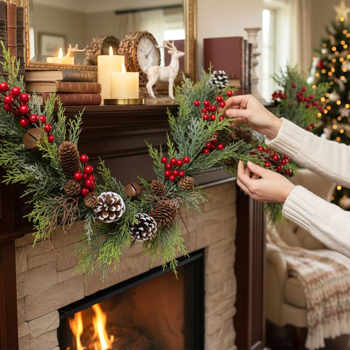 6FT Christmas Cedar Garland with Lights,Artificial Realistic Battery Operated Green Garland Christmas Decorations for Home Mantel Stairs Railing Dining Table Winter Decor