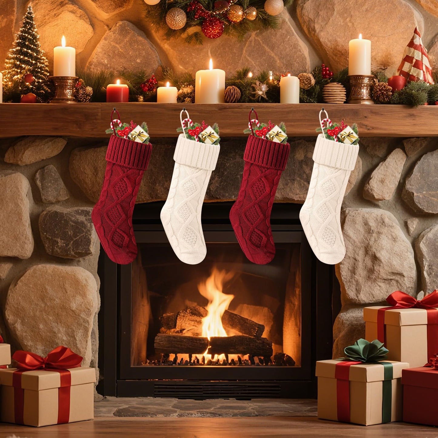 Doitory Christmas Stockings 18 Inches,Long Knitted Socks Christmas Decoration Hanging Stocking Fireplace Xmas Tree Stocking for Home Family（2red+2white）