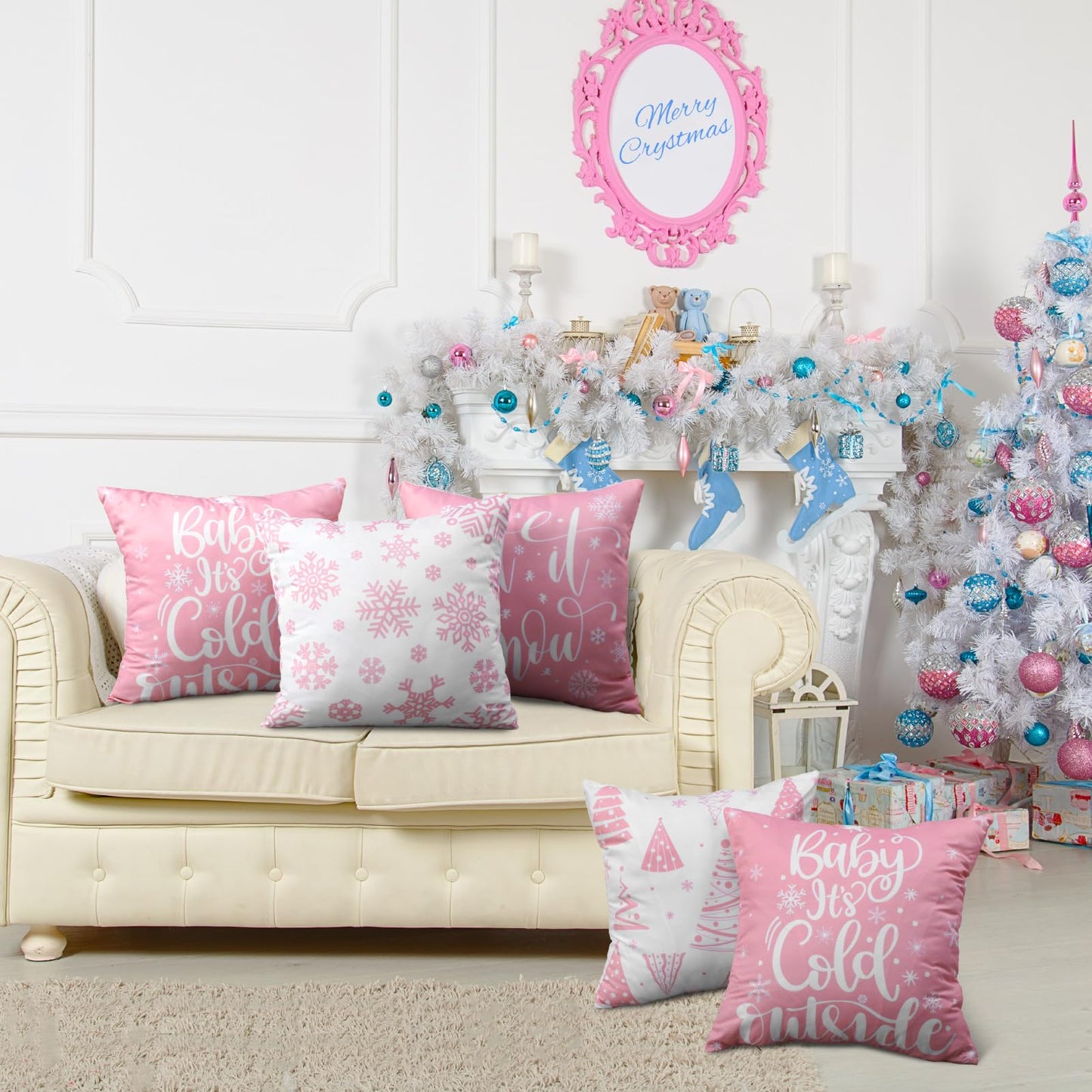 VitalCozy 6 Pcs 18 x 18 inch Christmas Throw Pillow Covers Xmas Cushion Covers Pillow Cases Snowflake Winter Throw Pillow Covers Christmas Decor for Bedroom Sofa Couch Cushion Square Home (Pink)