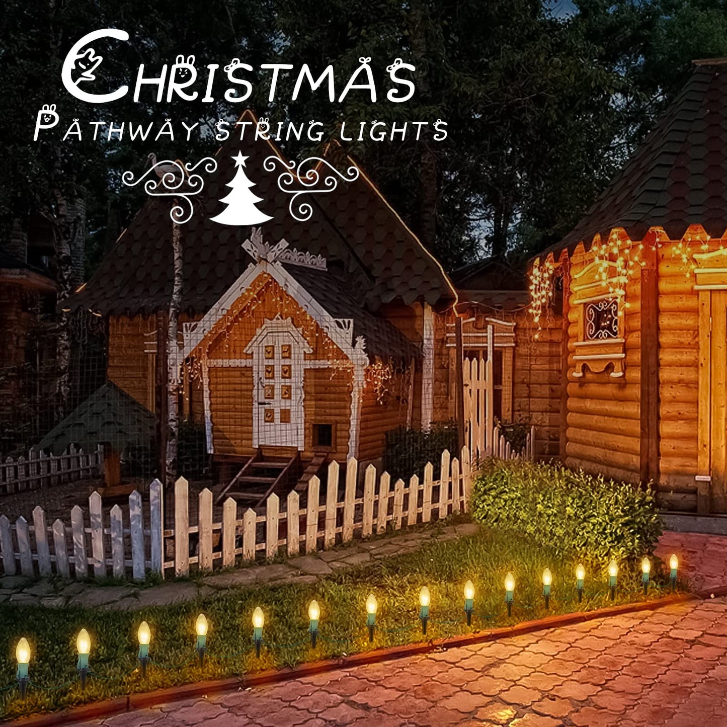Brightown C9 Christmas Lights Outdoor, 4 Packs Total 103 Ft Christmas Pathway Lights with 80 LED Bulbs and Stakes, Connectable Outdoor Christmas Decorations Yard Walkway Sidewalk Holiday, Warm White