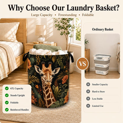 Safari Giraffe Floral Laundry Basket with Handles, Foldable Tall Oxford Clothes Hamper, Lightweight Water-Resistant Storage Bin for Bedroom Bathroom College Dorm, 16 x 20.8 Inch