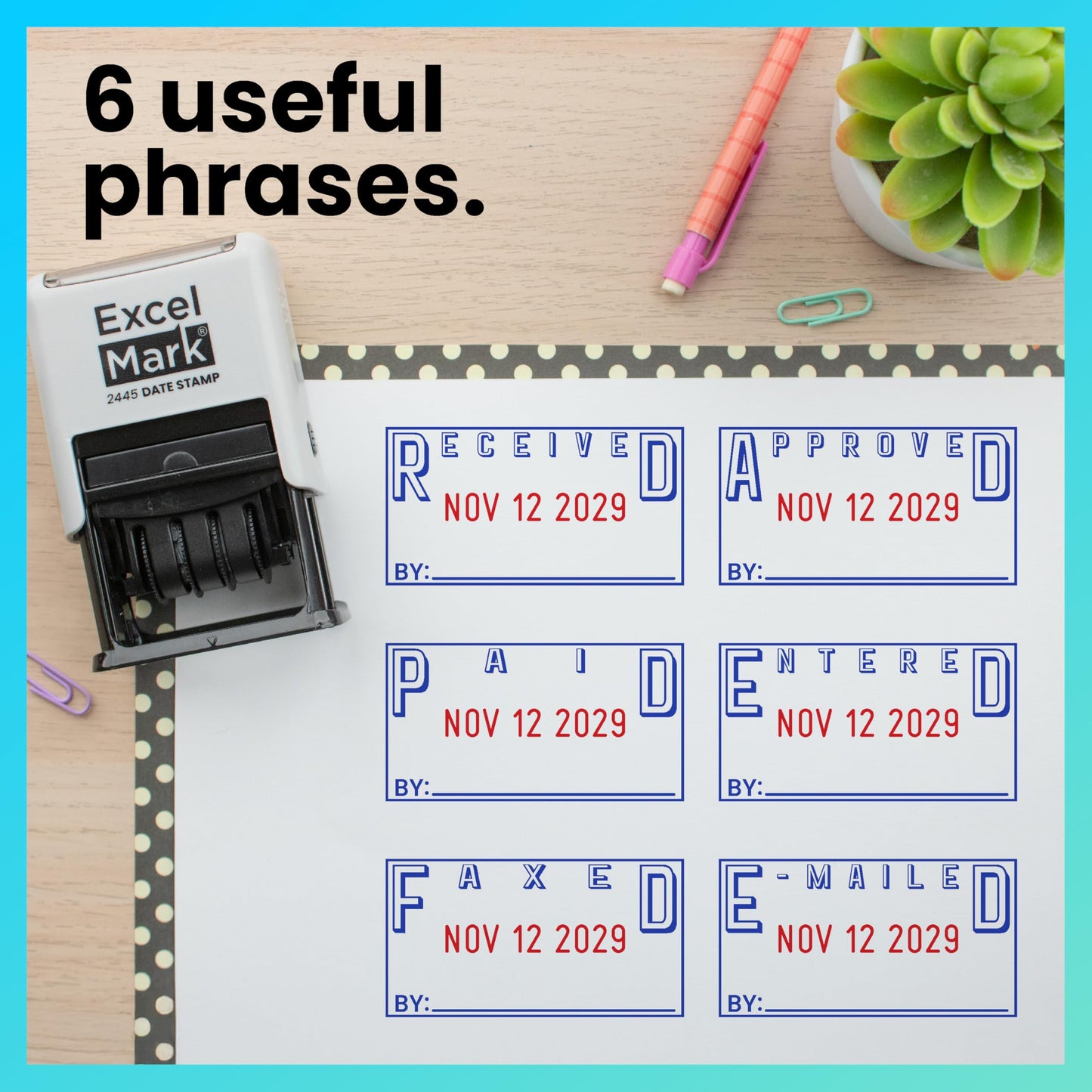ExcelMark 2445 Date Stamp with Text - Blue and Red Ink (Gray Mount, Received)