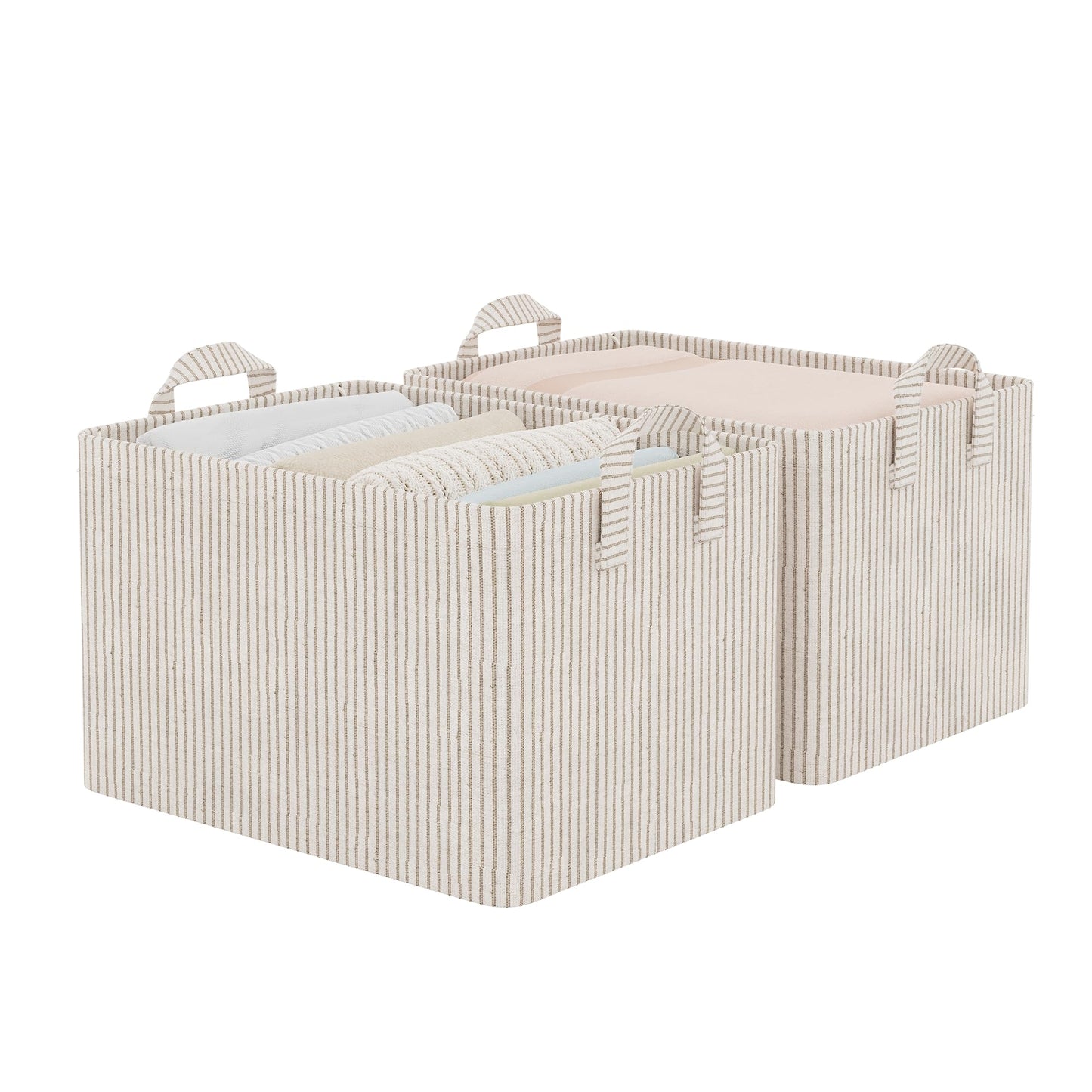 StorageWorks Storage Bins, Fabric Storage Bins for Shelves, Large Storage Baskets with Metal Frame, Closet Baskets and Bins with Handles, Khaki and Beige Stripes, 2-Pack
