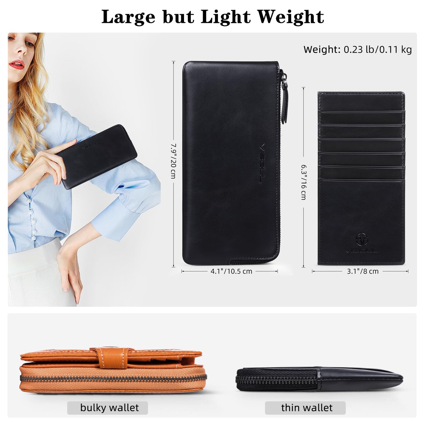 VISOUL Long Zipper Cash Wallet for Men and Women with Removable Credit Card Holder, Soft Genuine Leather Clutch Wallet-Black