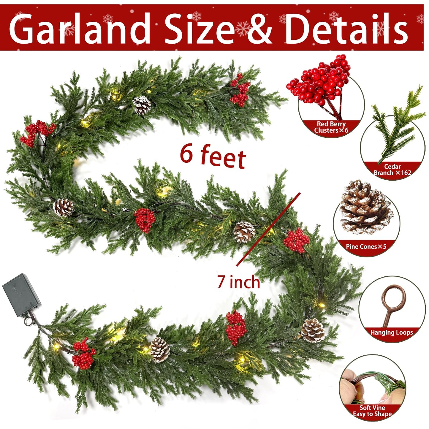 6FT Pre-lit Christmas Cedar Garland with 20 Warm White LEDs Timer Red Berries Pinecones and Soft Vine, Lighted Christmas Garland for Mantle, Table, Fireplace, Wall, Stairs, Indoor, Outdoor Xmas Decor
