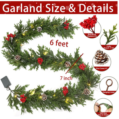6FT Pre-lit Christmas Cedar Garland with 20 Warm White LEDs Timer Red Berries Pinecones and Soft Vine, Lighted Christmas Garland for Mantle, Table, Fireplace, Wall, Stairs, Indoor, Outdoor Xmas Decor