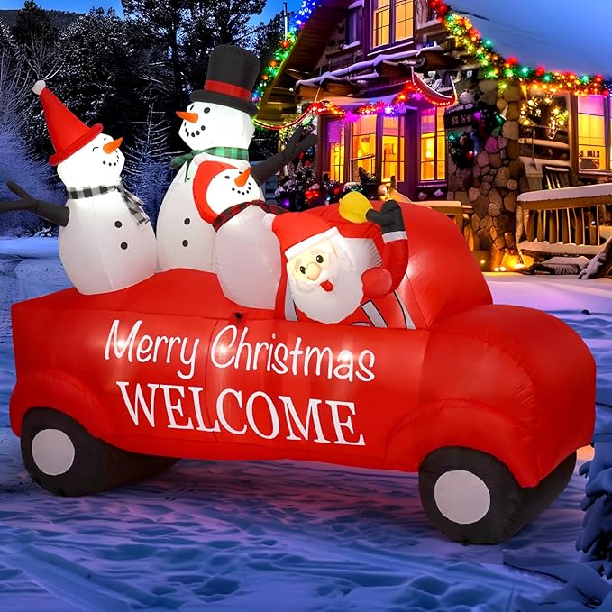 Outdoor Christmas Inflatables Decoration, 8FT Inflatable Christmas Santa with 3 Snowmen Decorations,Outdoor Blow Up Yard Decorations with Built-in LED for Outside, Holiday Lawn, Yard, Garden
