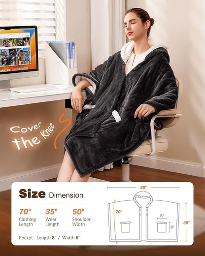 Wearable Heated Blanket - Cozy Gift for Women, Mom, Men| Reversible Flannel & Sherpa Electric Wrap with Pockets & Hood, 6 Heat Levels, 1-4H Timer, ETL Safe, Machine Wash, 50"x70" Grey