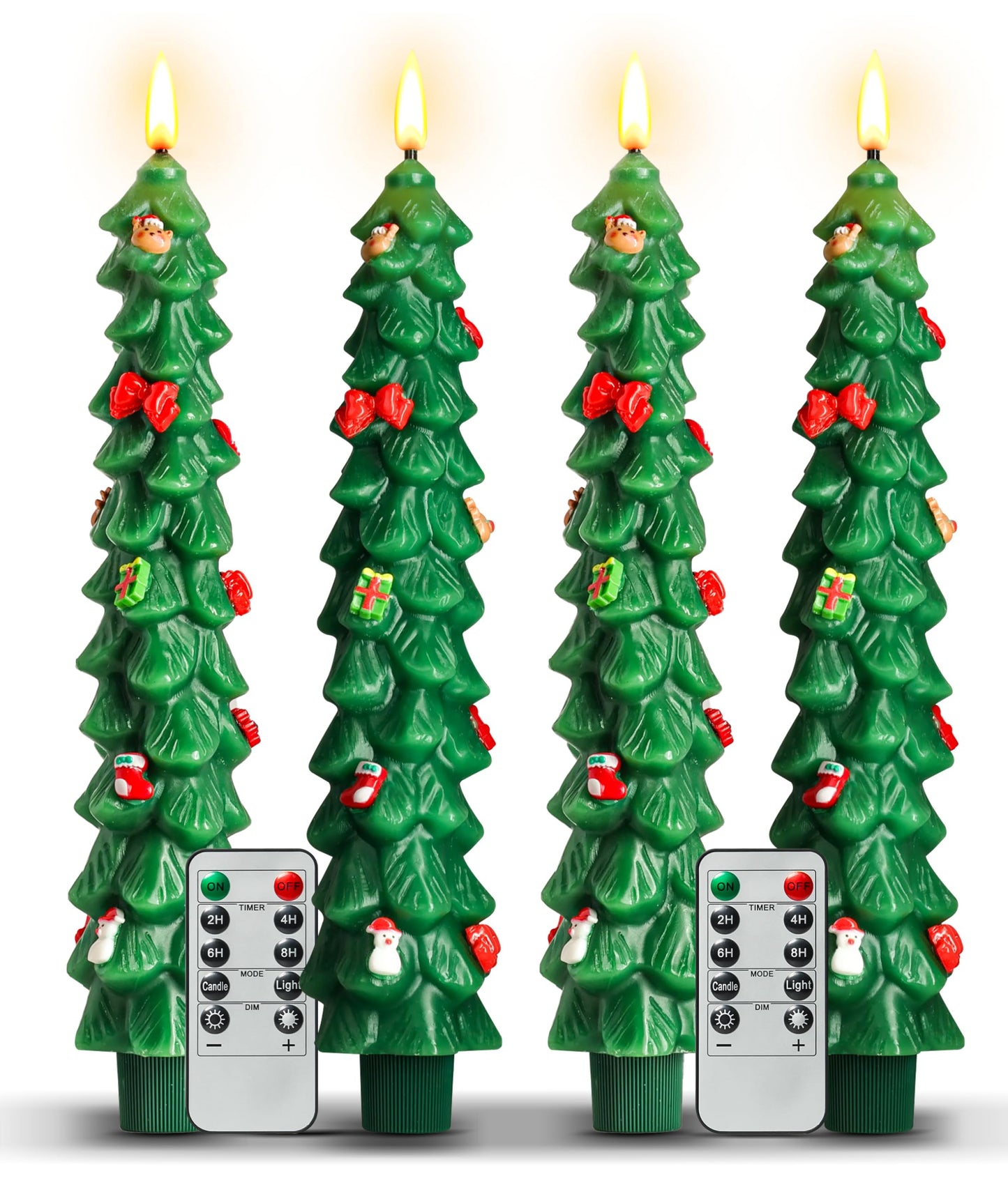4Pcs Christmas Tree Flameless Taper Candles with Remote and Timer,LED Candles Battery Operated with Mini Ornaments,9.5" Real Wax Window Candlesticks with Flickering 3D Flame for Christmas Decoration