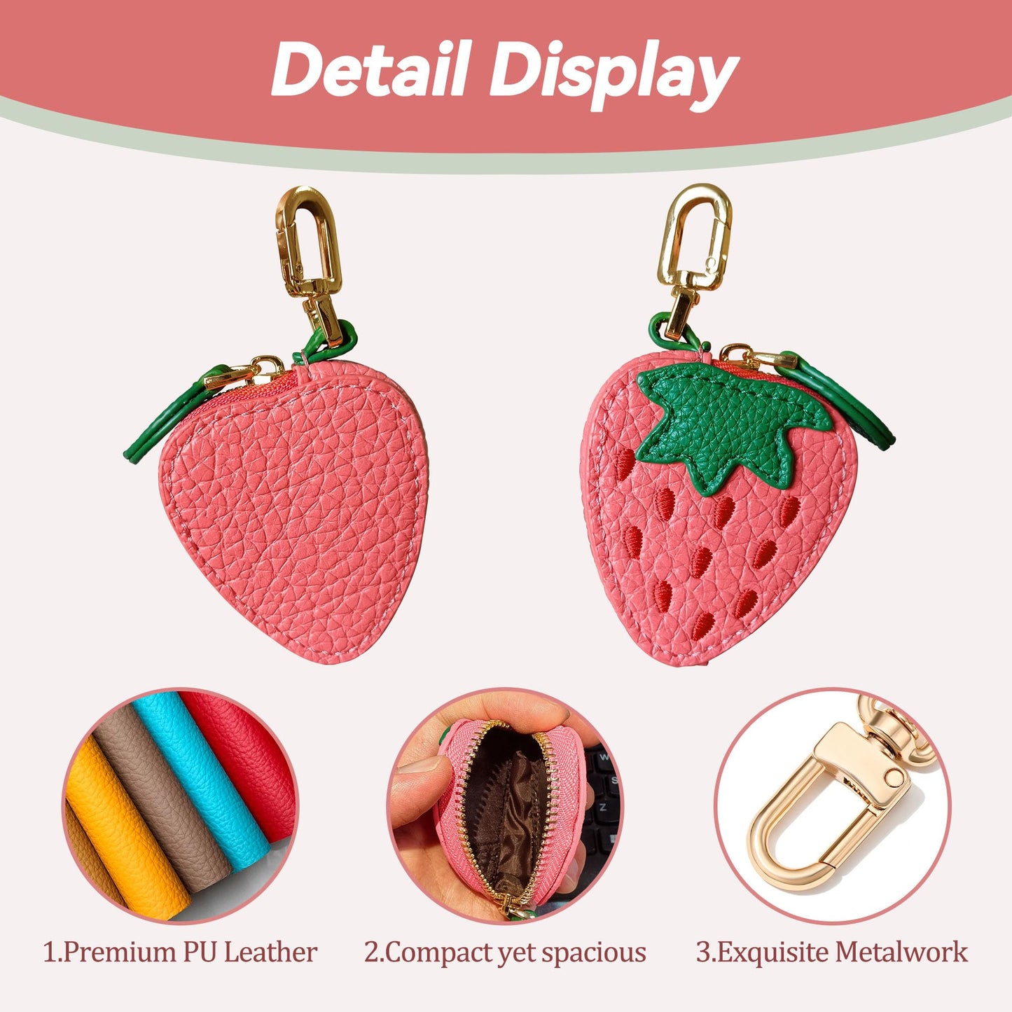 TUKYWAN Strawberry Coin Purse,Leather Bag Charm for Handbags,Fruit Purse Charm,Cute Keychain Accessories with Zipper,Mini Coin Pouch Gifts for Women