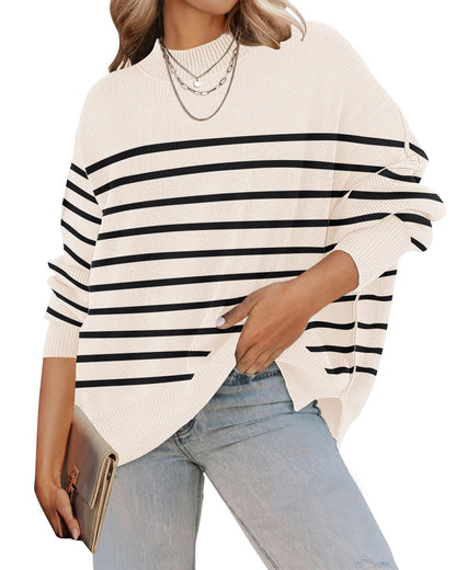 ZESICA Women's Fall 2025 Casual Long Sleeve Crew Neck Side Slit Oversized Ribbed Knit Pullover Sweater Tops