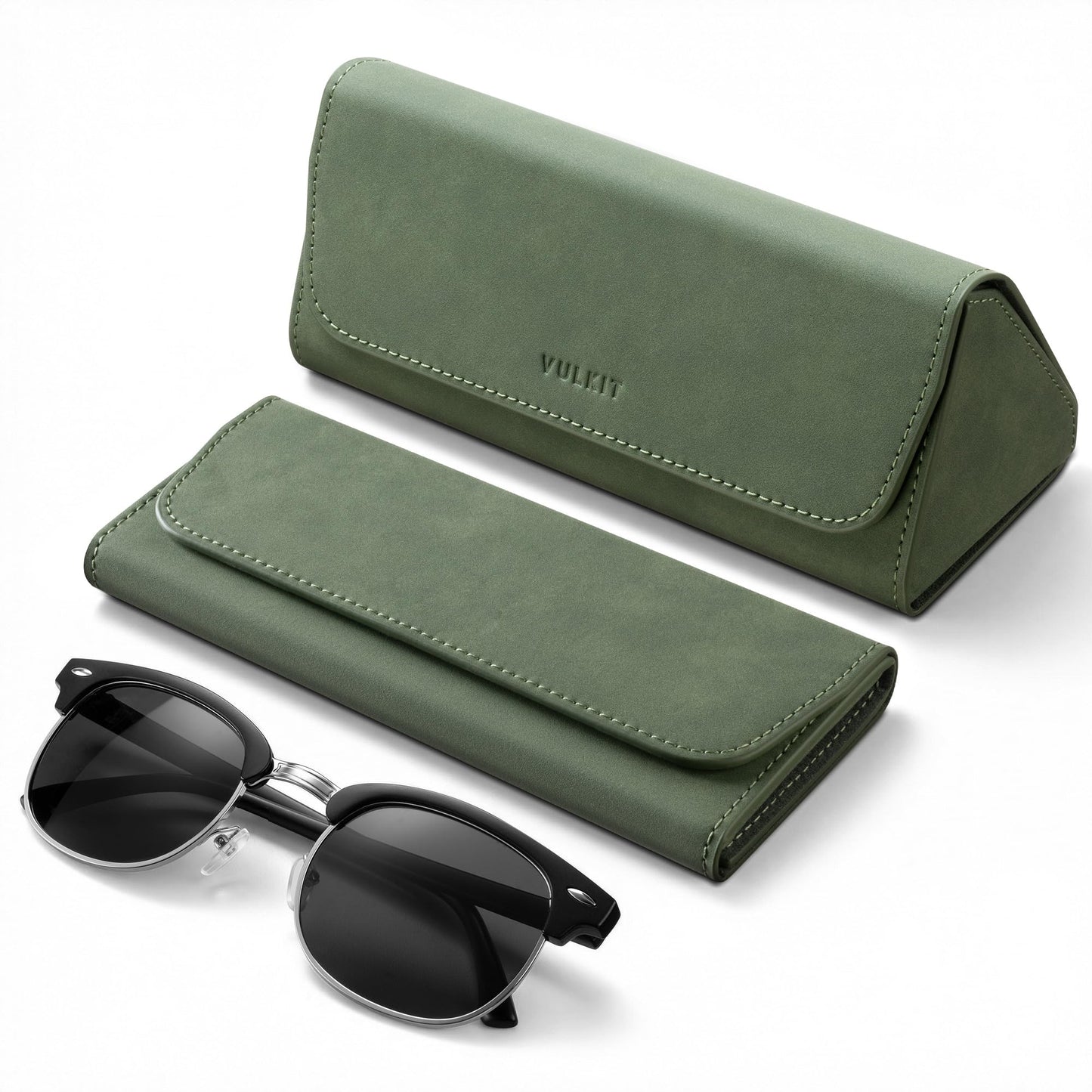 VULKIT Glasses Case, Foldable & Portable Design, Leather Hard Shell Folding Eyeglass Holder for Mens Womens