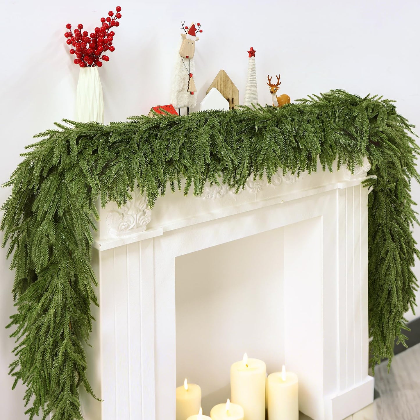 9FT Artificial Norfolk Pine Garlands - Real Touch Winter Pine Garland, Green Artificial Greenery Garland for Mantle, Table, Wall, Indoor & Outdoor Fireplace Christmas Decorations