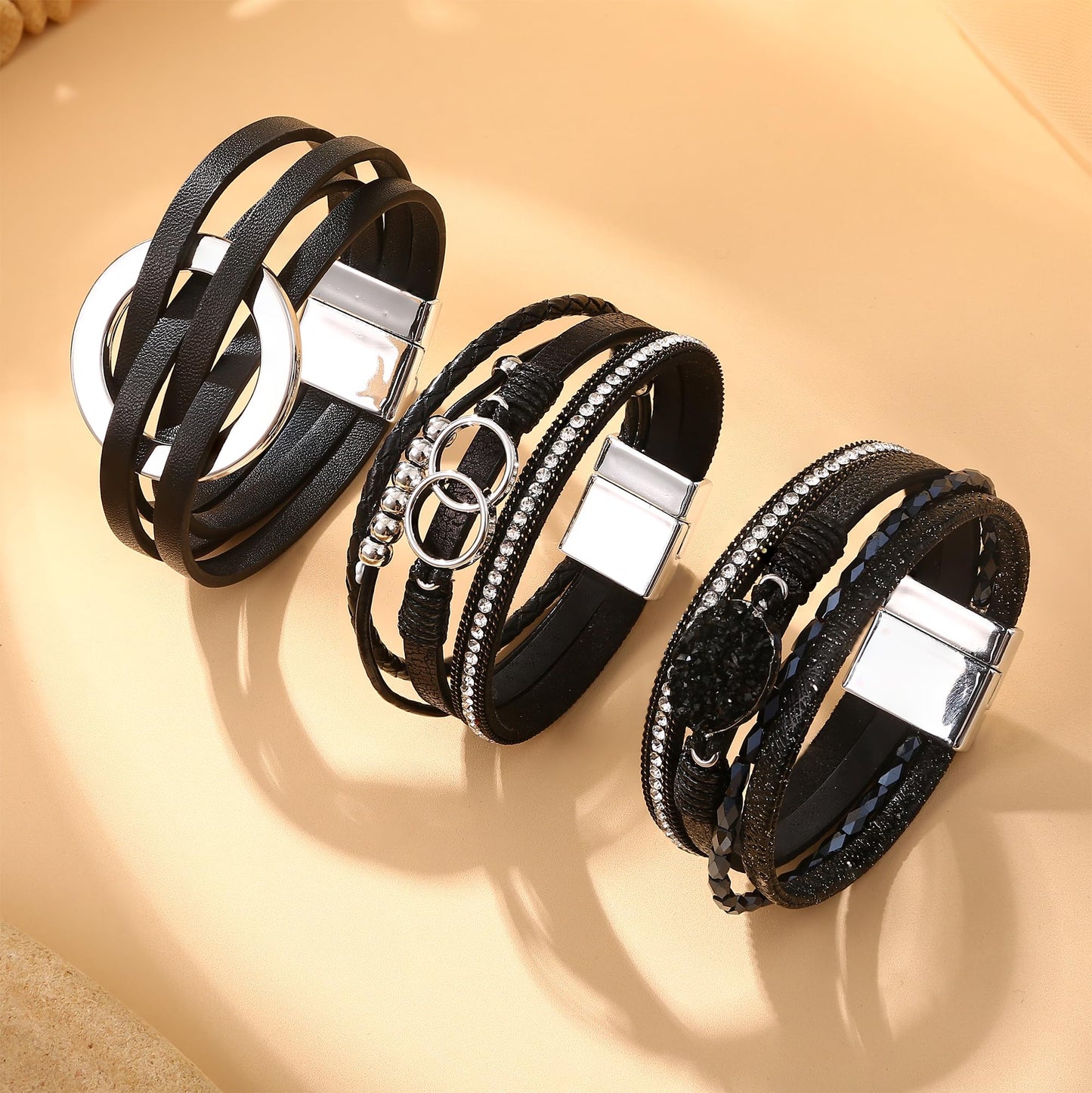 Sanfenly Leather Wrap Bracelets for Women,Boho Wrap Bracelets Leather Cuff Bangle Beads Bracelets Stackable Western Bracelets Jewelry for Women (Gold/Black/Gray/Turquoise)
