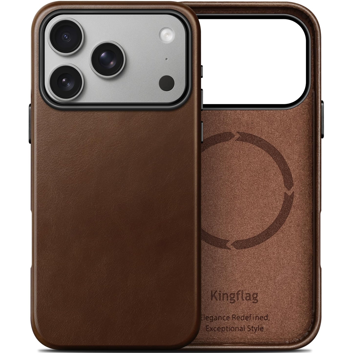 kingflag Genuine Leather Case for iPhone 17 Pro Max 6.9 inch, Oil Wax Full-Grain Leather, Compatible with MagSafe, Metal Buttons and Camera Bezel (Rustic Brown)