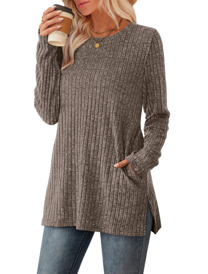 SAMPEEL Womens Sweaters Crewneck Long Sleeve Shirts with Pockets Fall Outfits 2025 Fashion Winter Clothing Side Slit