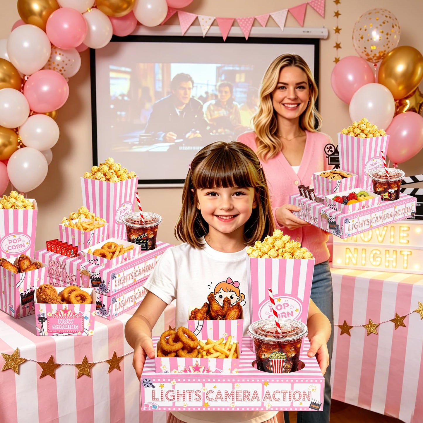 Movie Night Snack Trays, 16 Pcs Movie Night Party Supplies Include Paper Snack Trays Popcorn Holders Snack Boxes for Girls' Night Birthday Party Home Theater- Serve 4
