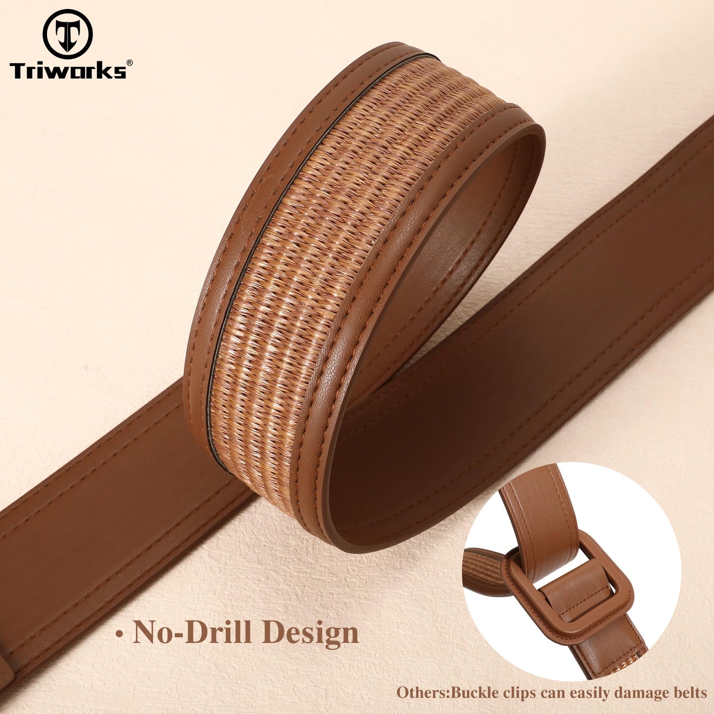 TRIWORKS Straw Woven Belts for Women Wide Waist Leather Boho Briaded Belt No‑Hole Adjustable for Dresses