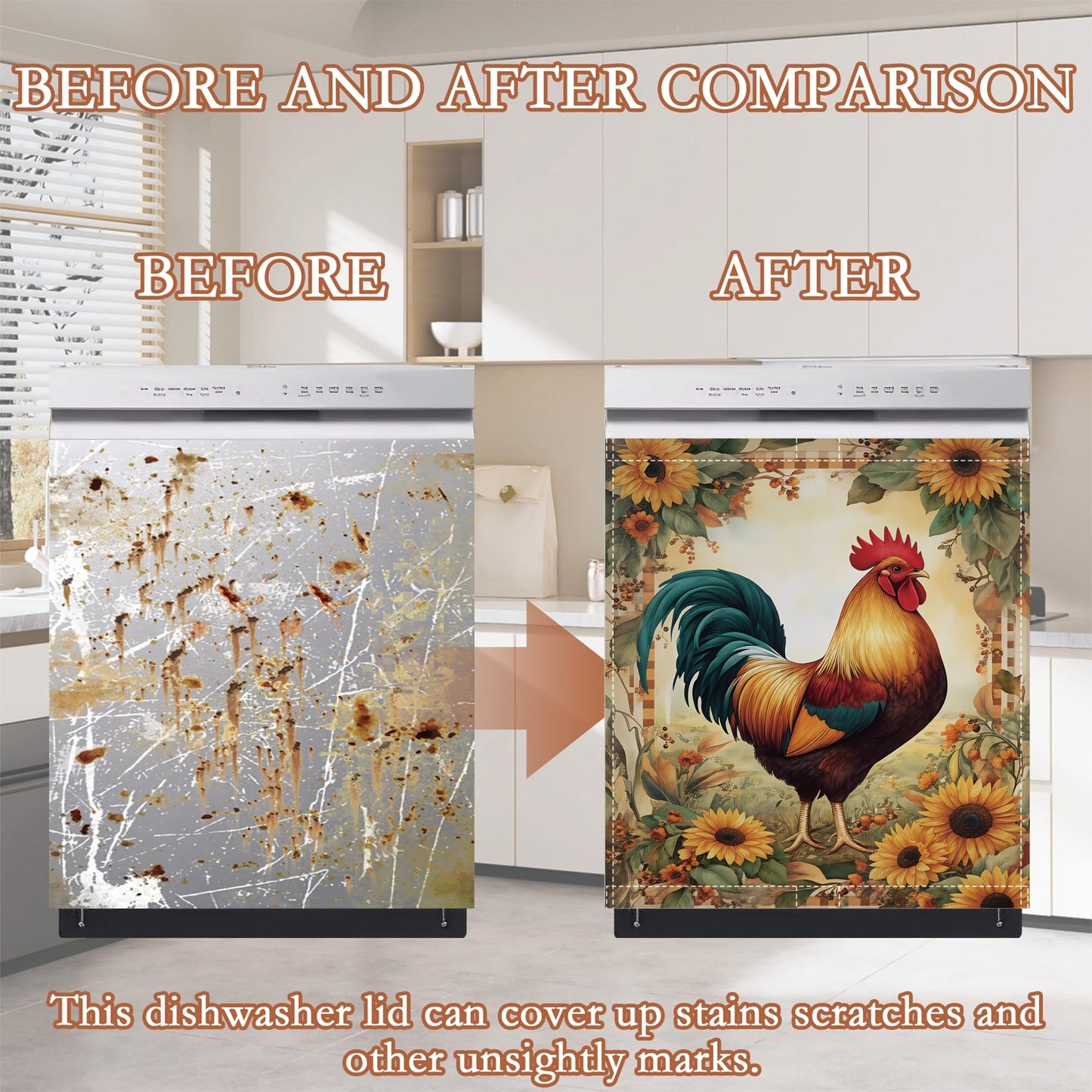 Rooster Sunflower Dishwasher Cover Panel Magnetic,Farmhouse Floral Dishwasher Magnet Decorative Cover for Refrigerator Kitchen Home Decor Reusable Waterproof 23x26 Inch