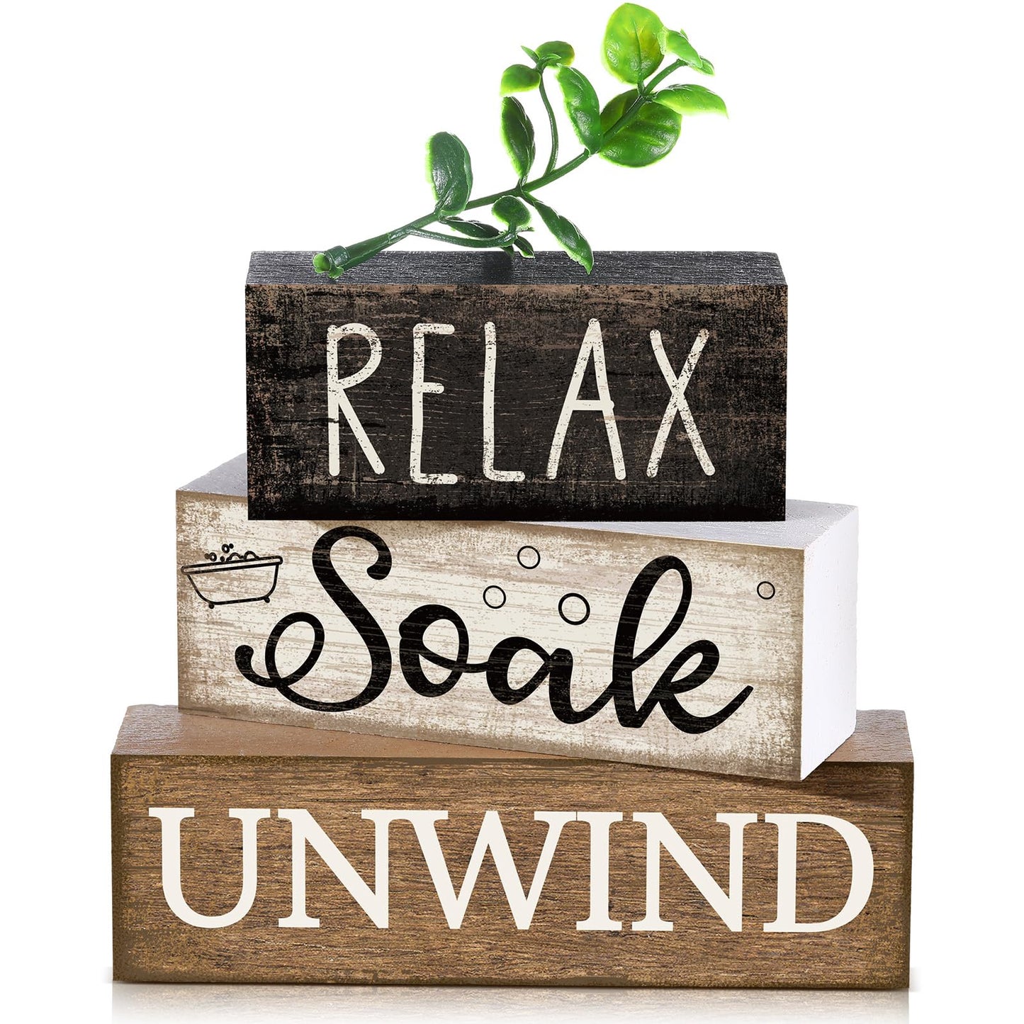 Moucuny 4 Pcs Bathroom Shelf Decor Sign Farmhouse Bathroom Decor and Accessories Rustic Eucalyptus Leaves Wood Block Sign Gift Relax Soak Unwind Farmhouse Table Centerpiece for Home Toilet