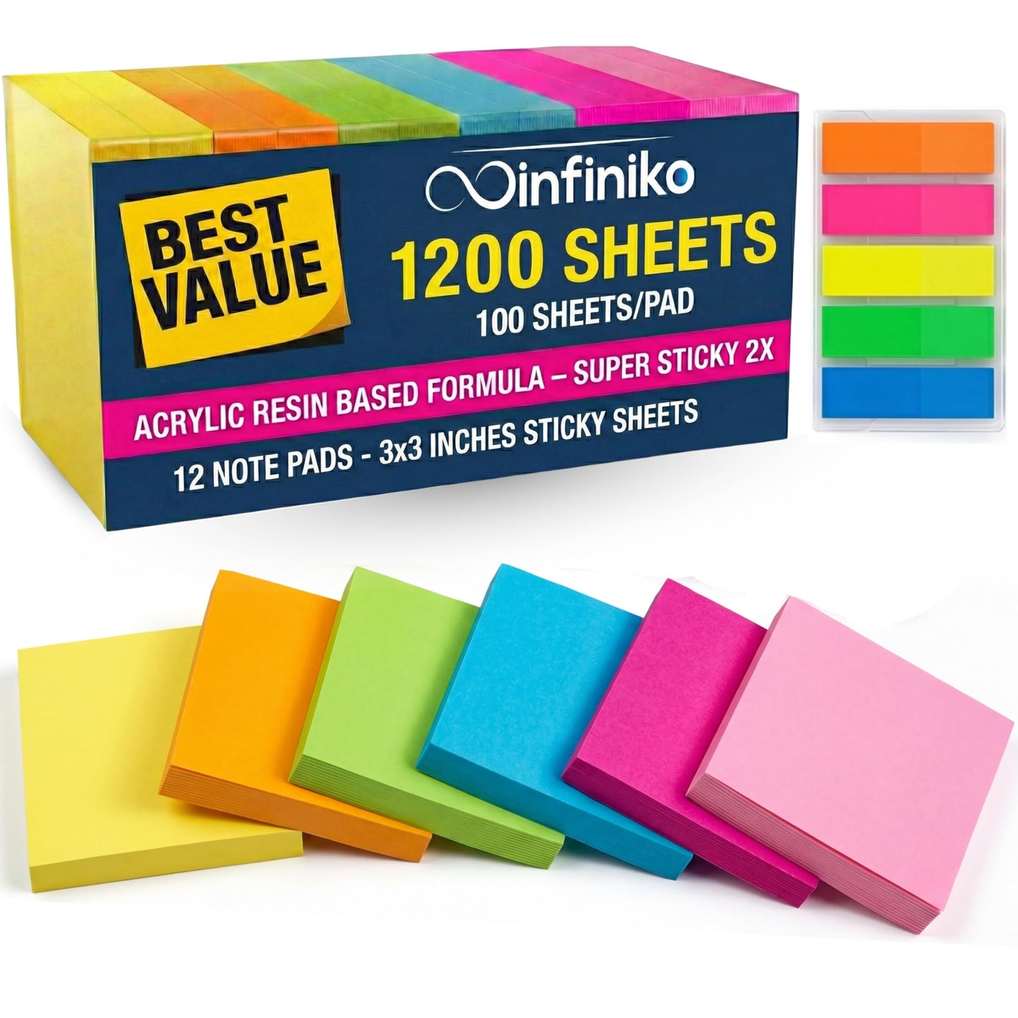 Infiniko Sticky Notes 3x3 (12 Pads/1200 Sheets) – 2026 Improved Adhesive, Super Sticky & Bright Neon Colors – 1200 Sheets – Ideal for School, Office & Desk Supplies