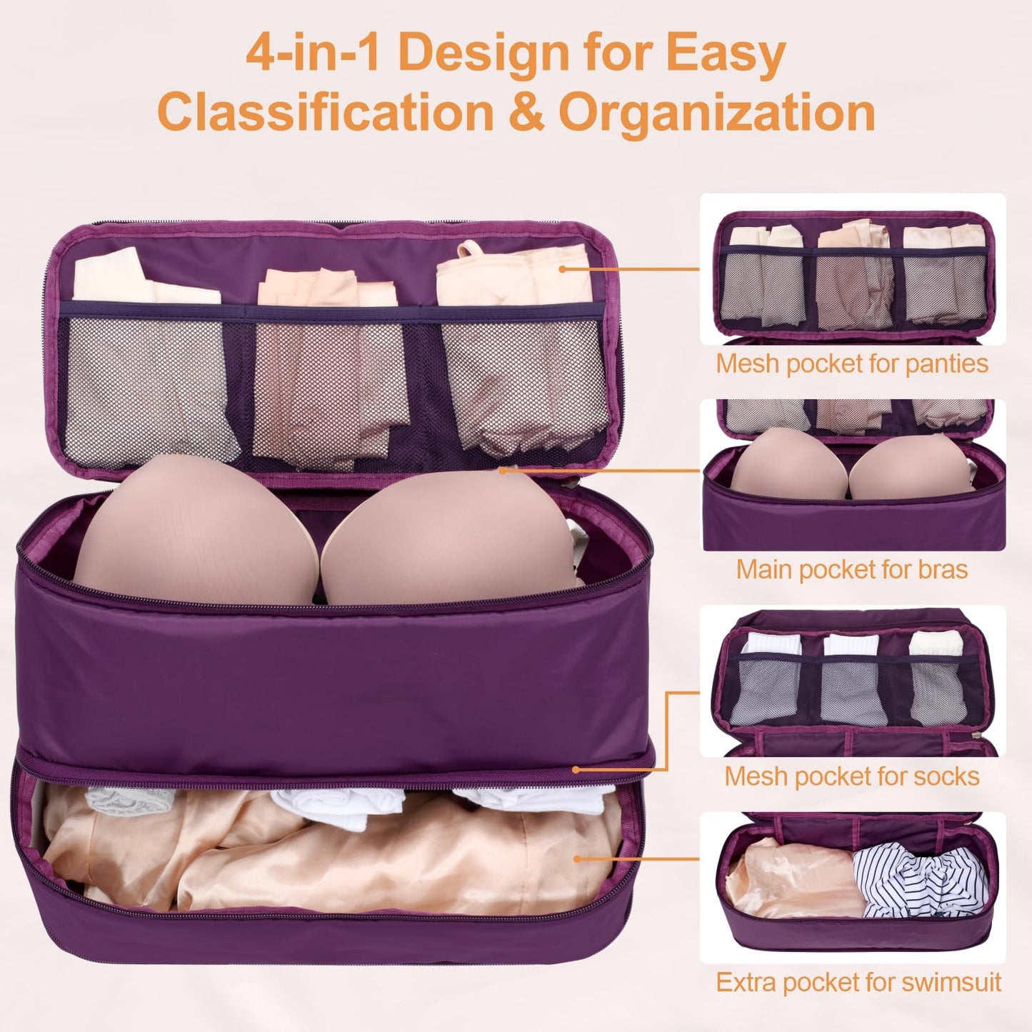 Cambond Travel Underwear Organizer Bag - 4-in-1 Lightweight Double Layer Bra Underwear Travel Bag Organizer, Portable Expandable Compression Packing Organizer, Packing Cubes for Women