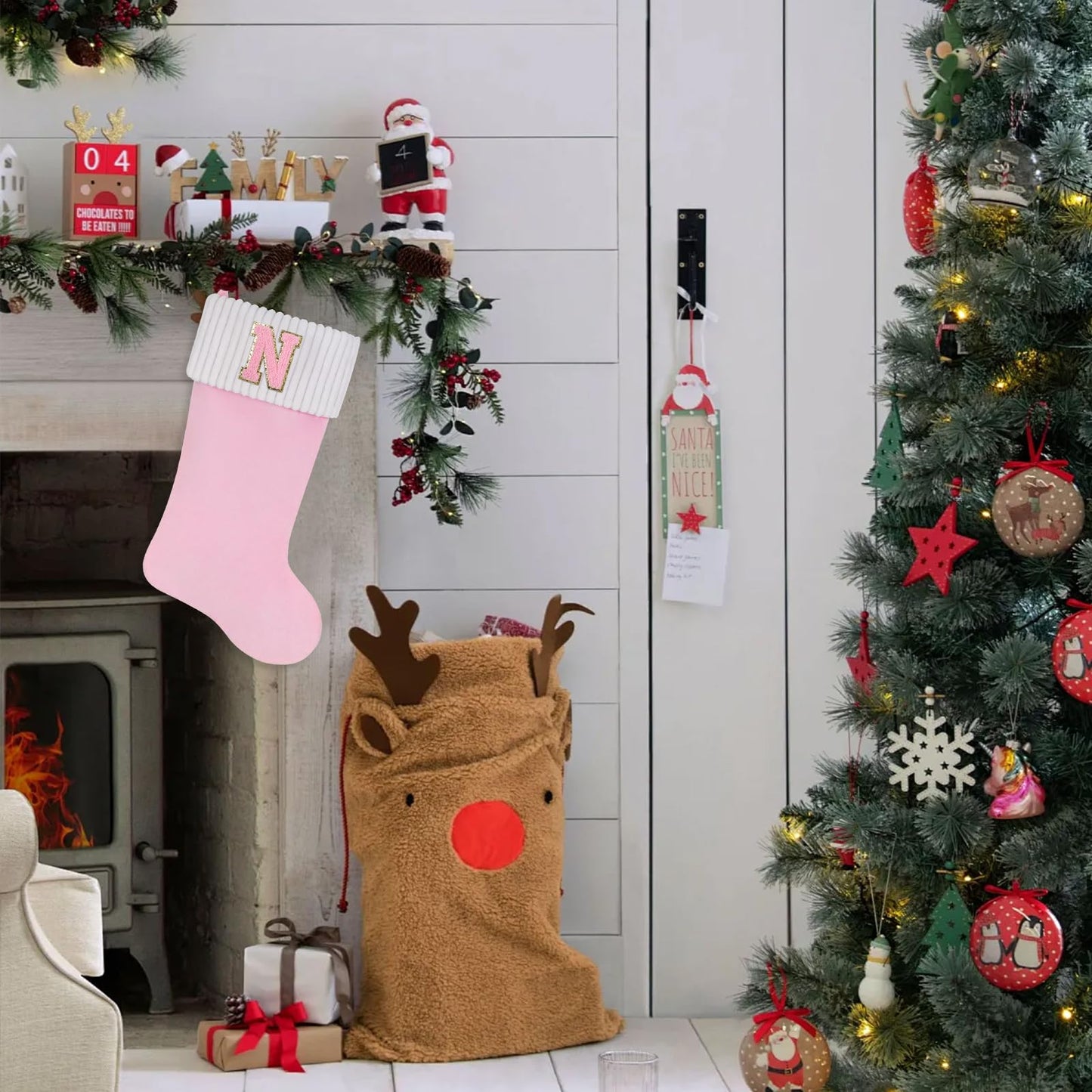 Shgngle 20 Inches Letter Embroidered Christmas Stocking,Personalized Pink Velvet Christmas Stocking,Family Holiday Decorations and Xmas Gift(A)