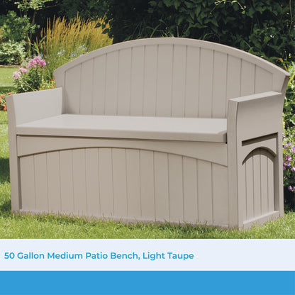 Suncast 50 Gallon Patio Bench with Storage - Decorative Resin Outdoor Patio Bench for Deck, Patio, Garden, Backyard - Ideal for Storing Toys, Cushions, Tools - Taupe ()