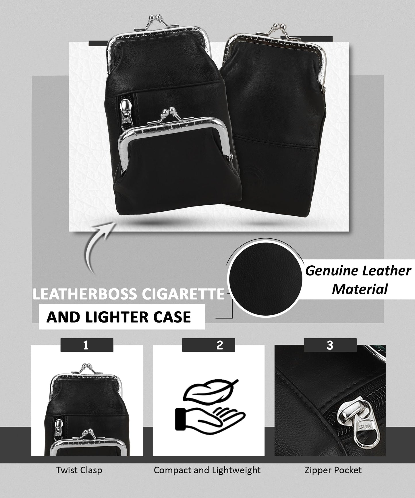 Genuine Leather Cigarette and Lighter Case with Twist Clasp by Leatherboss (Black)