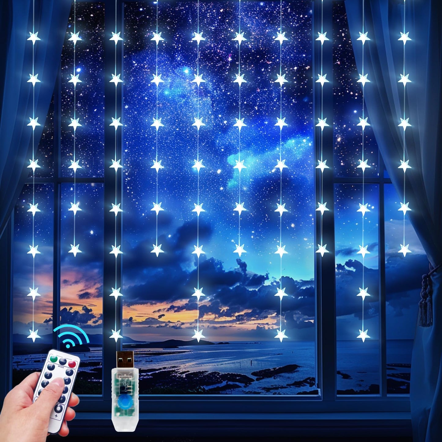 Star Curtain Lights Hanging Star Lights for Window 70 Stars String Light for Wall Décor USB Plug in 8 Modes Twinkle Fairy Lights for Christmas, Bedroom, Indoor, Outdoor, Weddings, Party (Cold White)