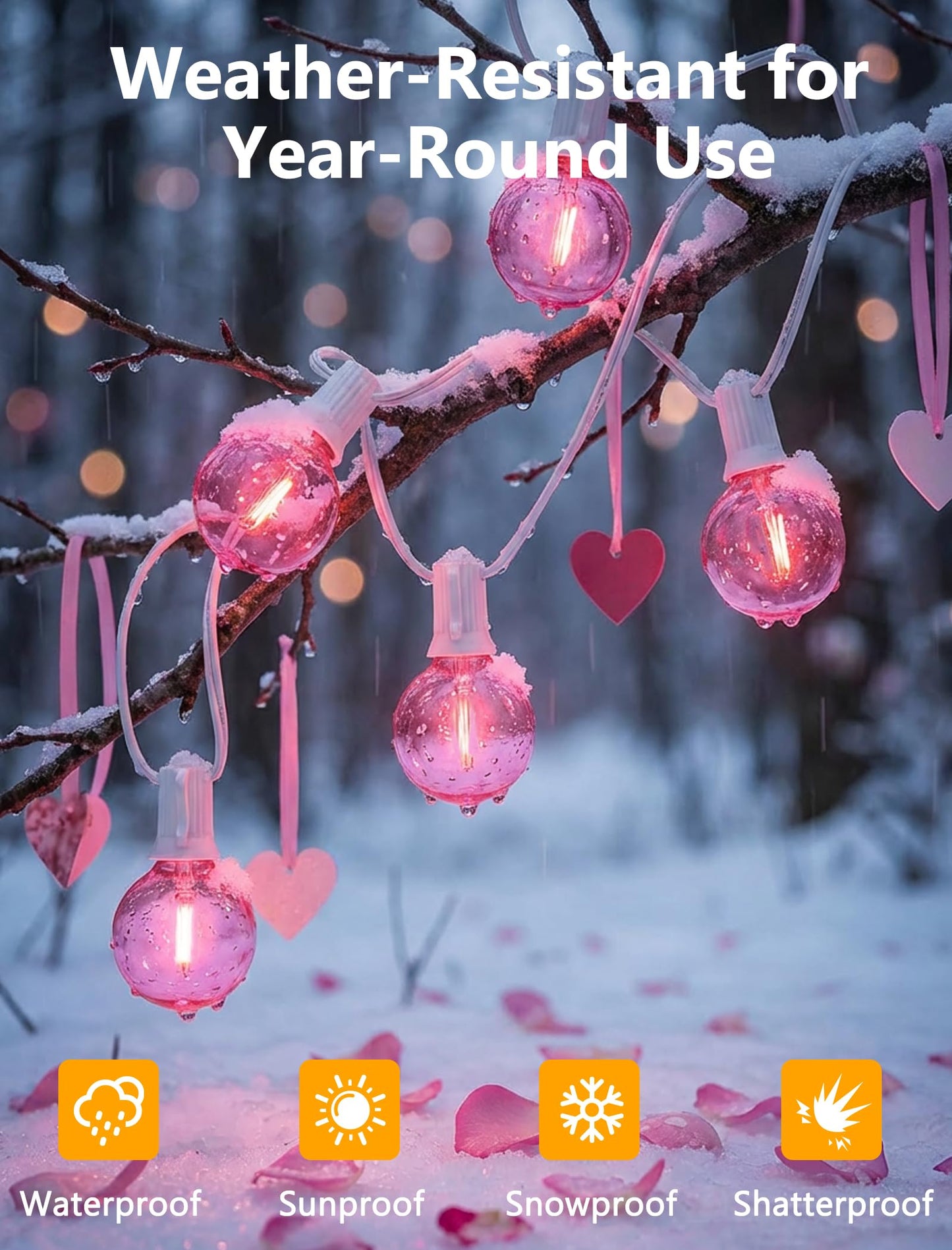50Ft Valentine's Day Outdoor String Lights, G40 Valentines Day Decorations Lights with 27 LED Pink Shatterproof Bulbs(2 Spare), Hanging Globe Patio Lights for Outside Party Wedding Porch Backyard