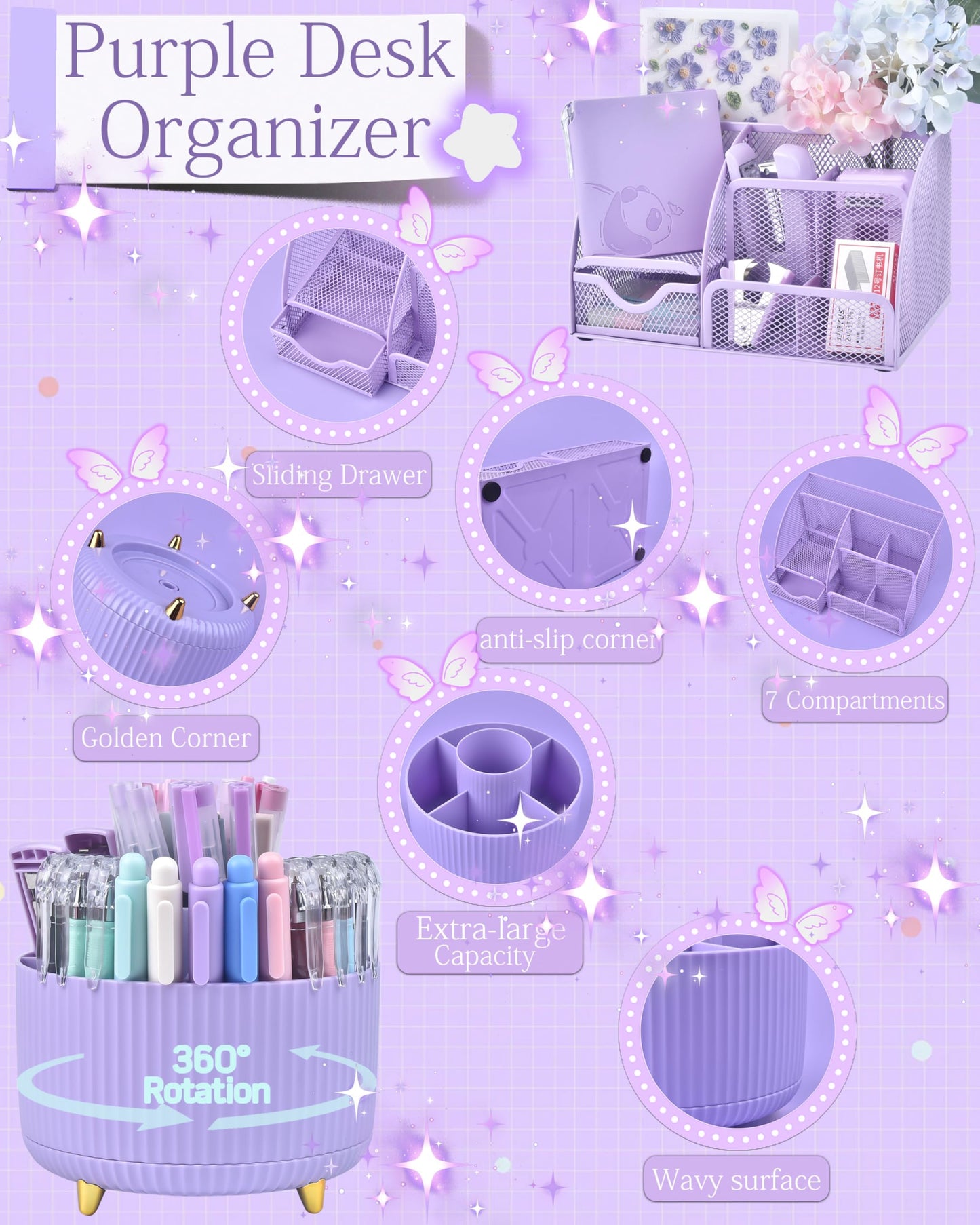 Vamrak Purple Desk Accessories and Organizers with Desk Organizer and 360°Rotating Pen Holder stapler Pen and a Lot of Office Purple Office Supplies Beautifully Presented in a Gift Box