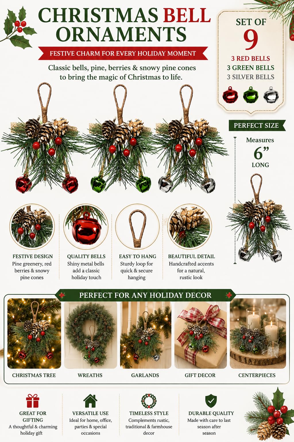 Christmas Bell Ornaments Set of 9 – Red, Green & Silver Jingle Bells with Pine Cones, Red Berries & Snowy Pine Greenery, Farmhouse Christmas Tree Decorations, Holiday Crafts & Wreath Accents, 6 Inch