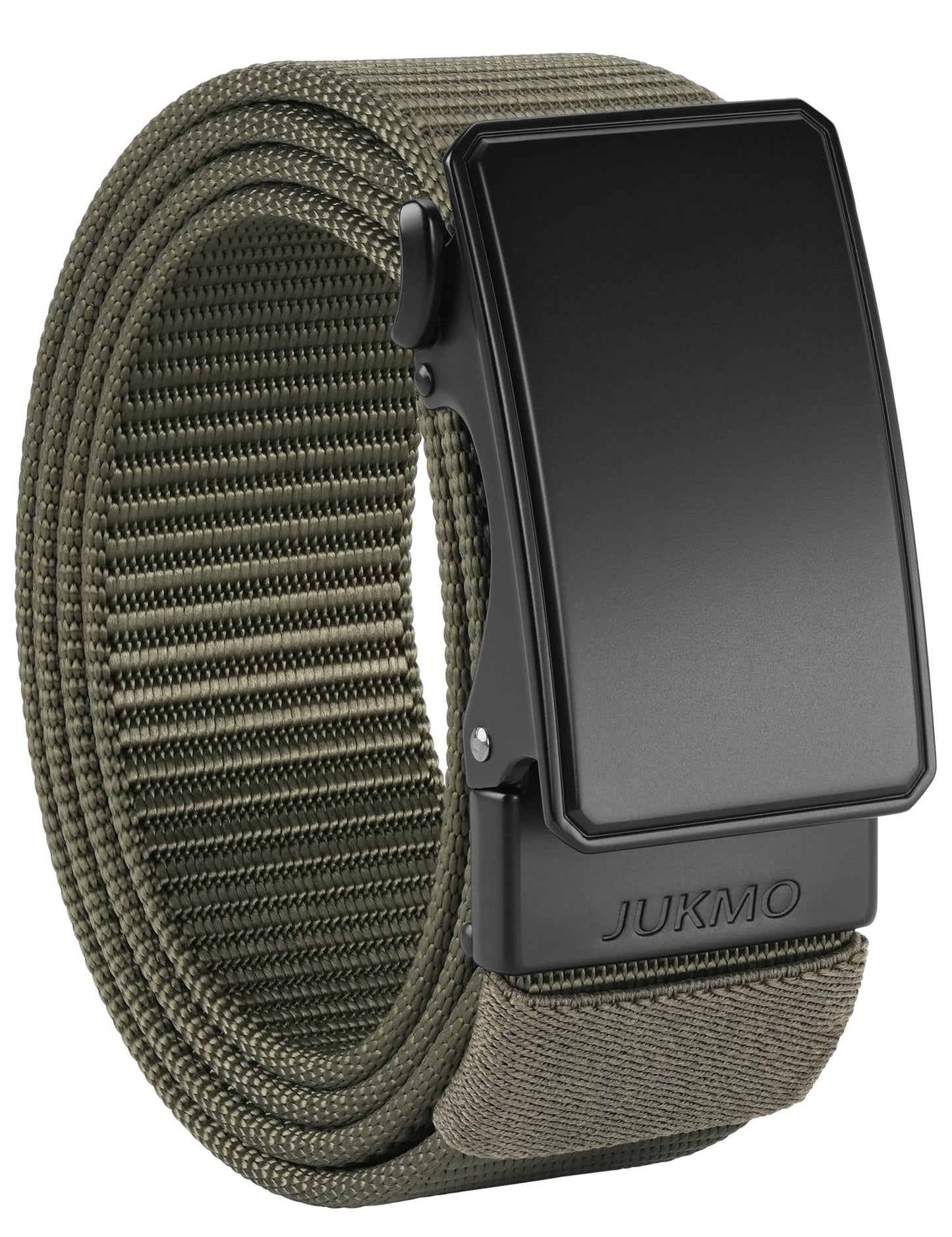JUKMO Men's 1.5" Nylon Ratchet Belt, Casual Web Click Tactical Belt with Slide Buckle for Jeans, No Holes Adjustable Trim to Fit(Army Green,Small)