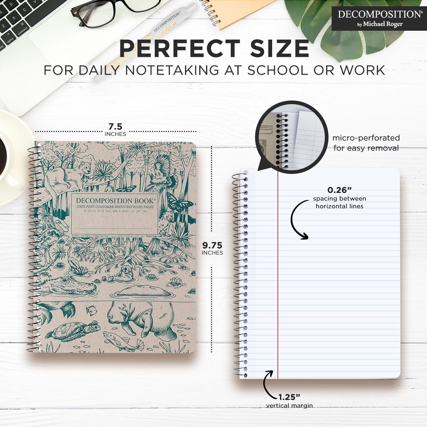 Decomposition Everglades College Ruled Spiral Notebook - 9.75 x 7.5 Journal with 160 Lined Pages - 100% Recycled Paper - Notebooks for School Supplies, Home & Office - Made in USA