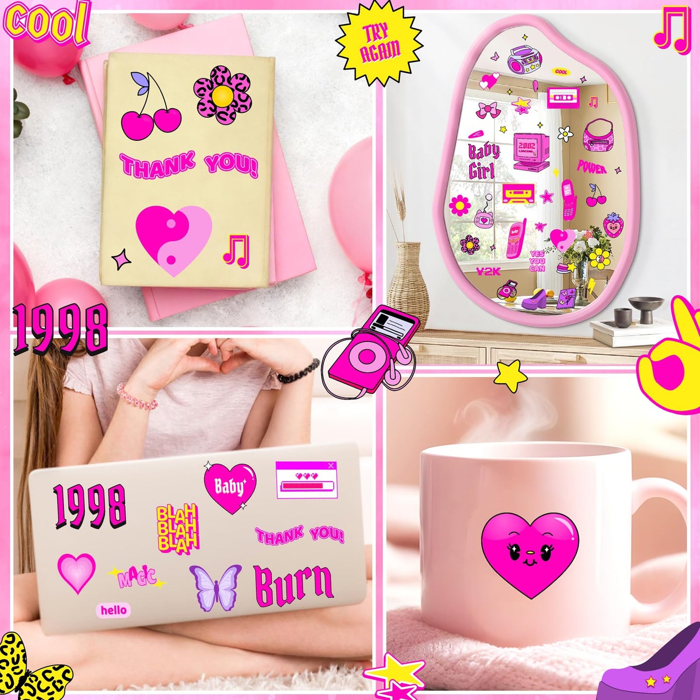 Cute Pink Wall Stickers Princess Girly Wall Decals Aesthetic Trendy Sticker for Girls Room Decor Pink Preppy Stickers for Laptop Water Bottles Decoration Bedroom Playroom Decor