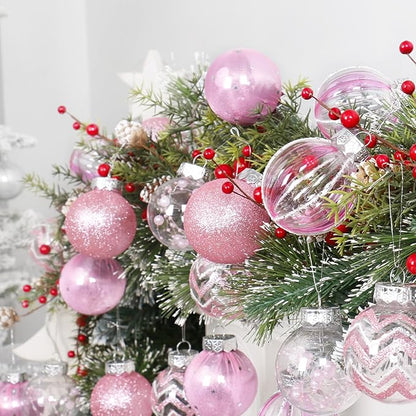 SY Super Bang 30PCS Pink Christmas Ornaments Set, 60MM/2.36" Clear Plastic Shatterproof Ball Ornaments for Christmas Tree Hanging Decorations, for Home Holiday Party Xmas Decor.