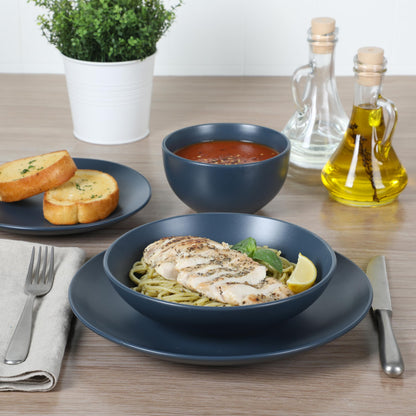 Gibson Home Queenslane 16 Piece Double Bowl Plates and Bowls Dinnerware Sets - Matte Blue